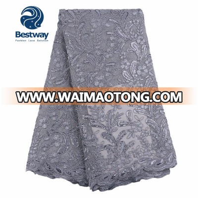 High quality french tulle lace fabric with full Grey floral sequins hot selling dubai lace FL2075