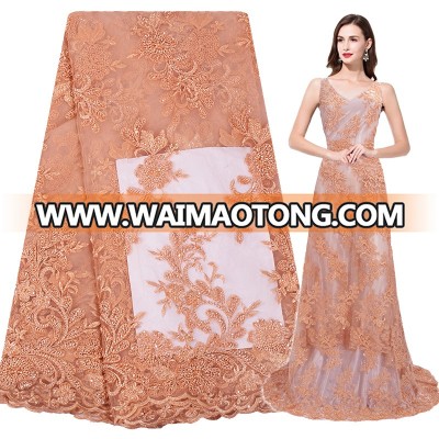 Free shipping dubai lace dress fabric high quality Peach color beaded tulle lace for wedding FL0318